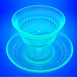 Vintage Hocking Glass Roulette Many Windows Uranium Green Sherbet & Saucer